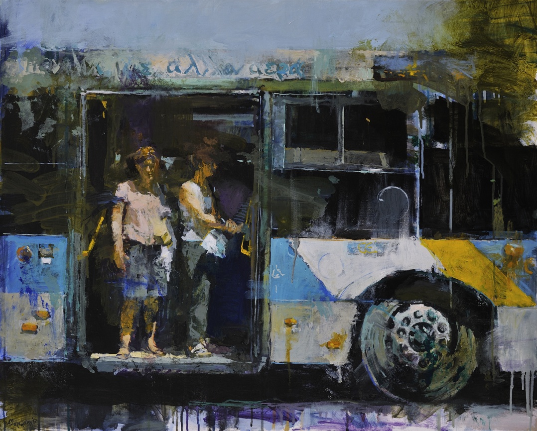 Yiannis Adamakis, At the bus stop (Στη στάση), 2017, 80Χ100 cm, acrylics on canvas